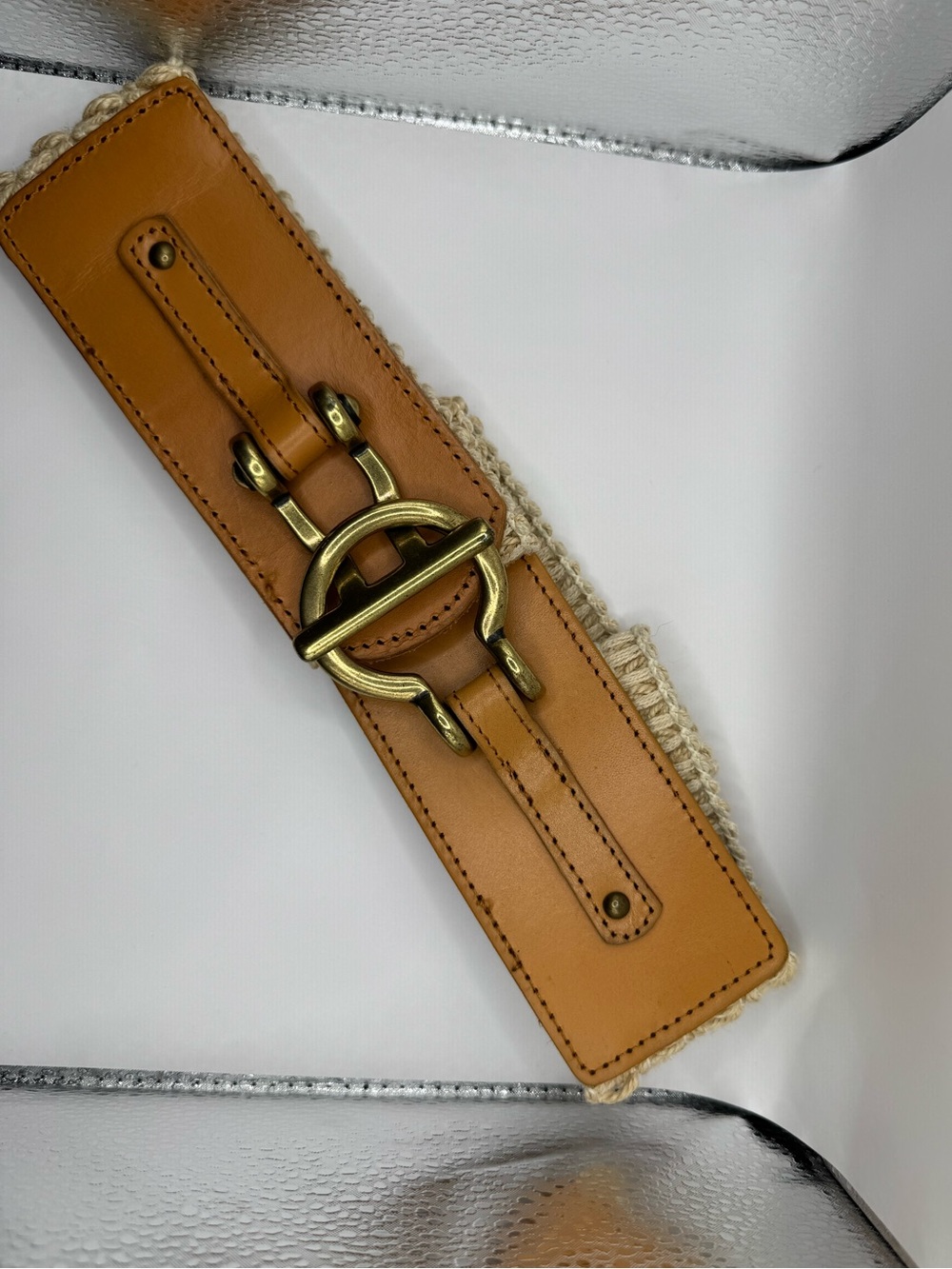 Fossil Woven Stretch Belt Leather Equestrian Buckle Cream Tan Boho - Picture 10 of 12